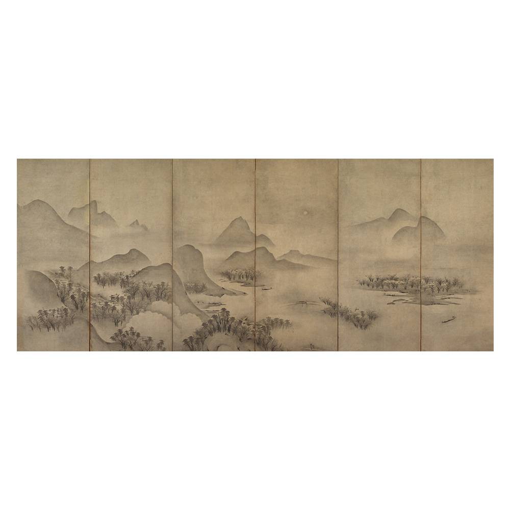 水墨山水屏风图新中式日式横版装饰画简约诧寂风客厅餐厅无框挂画图片