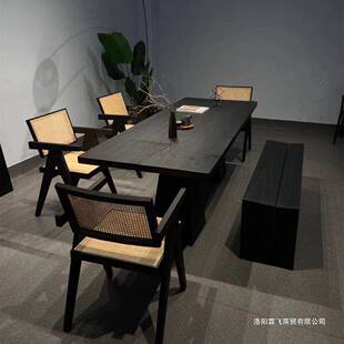 白蜡木实木餐桌大板桌新中式 办桌轻创奢工作台茶碳化黑943色公意