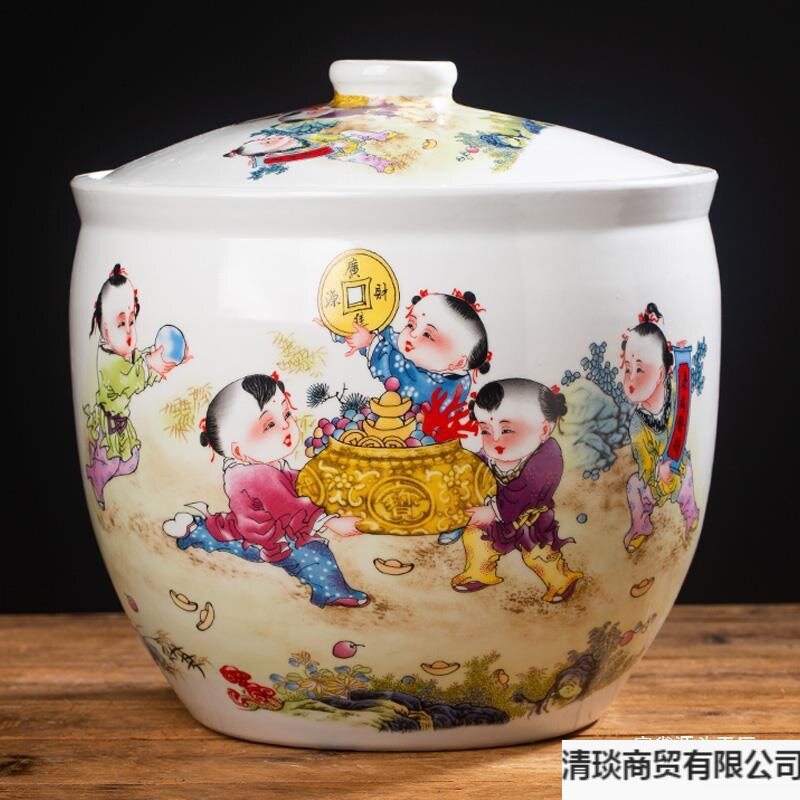 景德镇腌菜缸密封油缸陶瓷家用米缸带盖20斤装中式储物米桶复古风