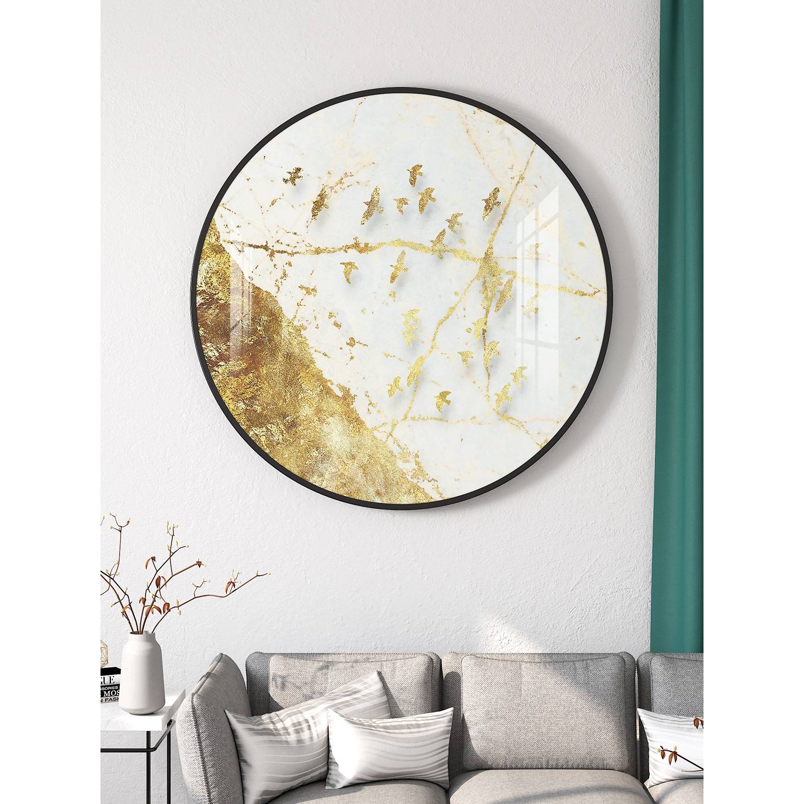 新中式圆形玄关装饰画走廊尽头挂画中国风禅意山水画晶瓷客厅壁画图片