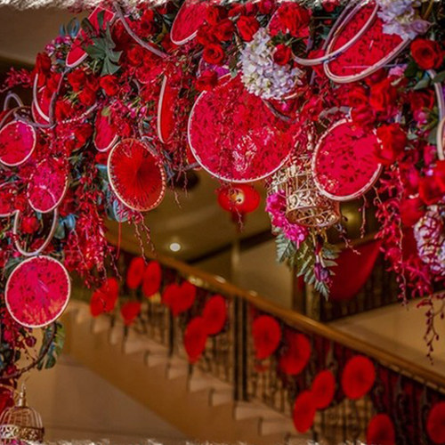 包邮新款中式婚庆道具红布圈挂件绣棚圈商场橱窗婚礼吊顶装饰挂饰