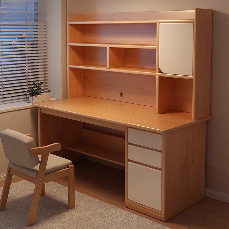实木书桌学生家用学习写字桌卧室书架一体桌子书柜抽屉成人电脑桌