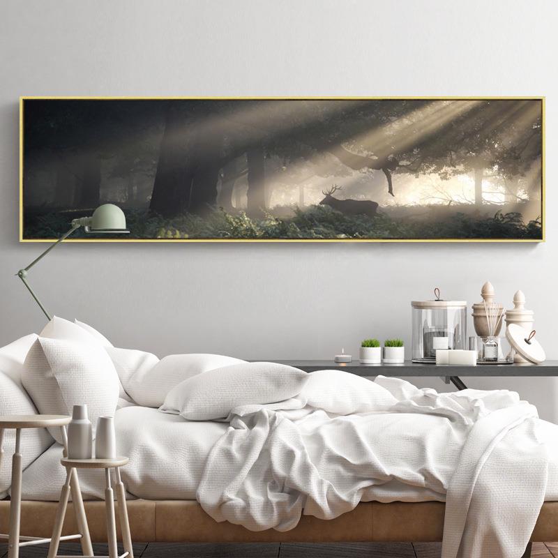 北欧麋鹿装饰画客厅简约卧室床头玄关挂画横幅壁画横版家居墙画