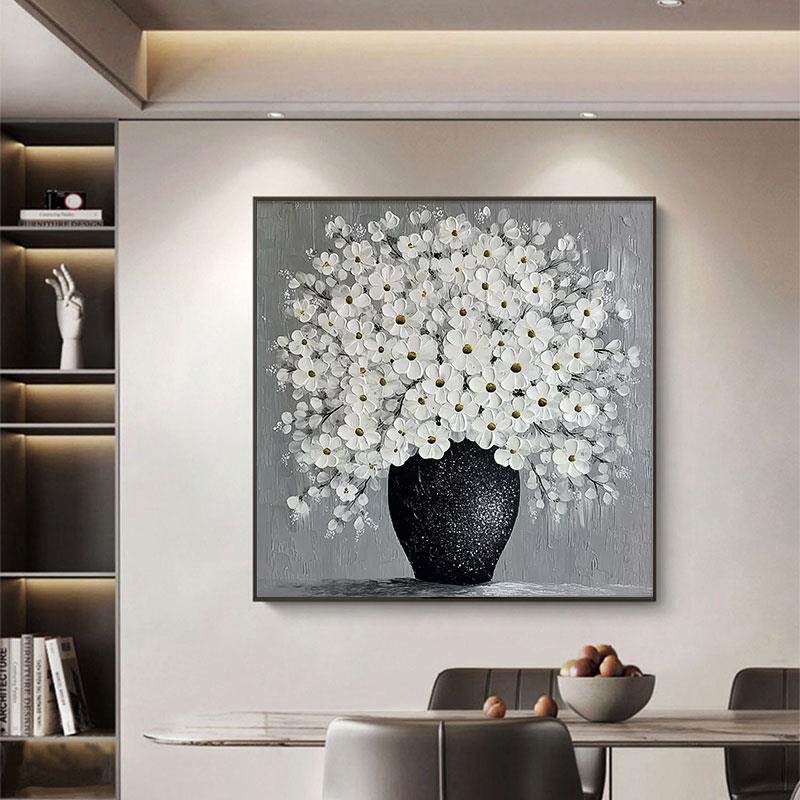 客厅装饰画手绘油画花开富贵发财树黑白肌理画高级感餐厅挂画方形
