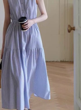 速发韩大蓝色收腰系字无袖连衣裙简单a方背心裙温柔风遮肉长裙