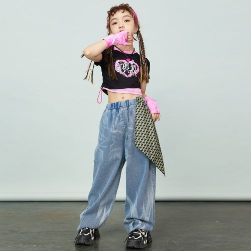 速发夏舞孩爵士季服装少儿走秀潮酷牛仔脐套装露裤上衣六一表演服