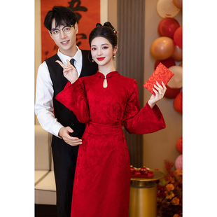 秋 长袖 速发红新旗娘敬酒服新袍订婚礼服2024色款 结婚当天回门便装