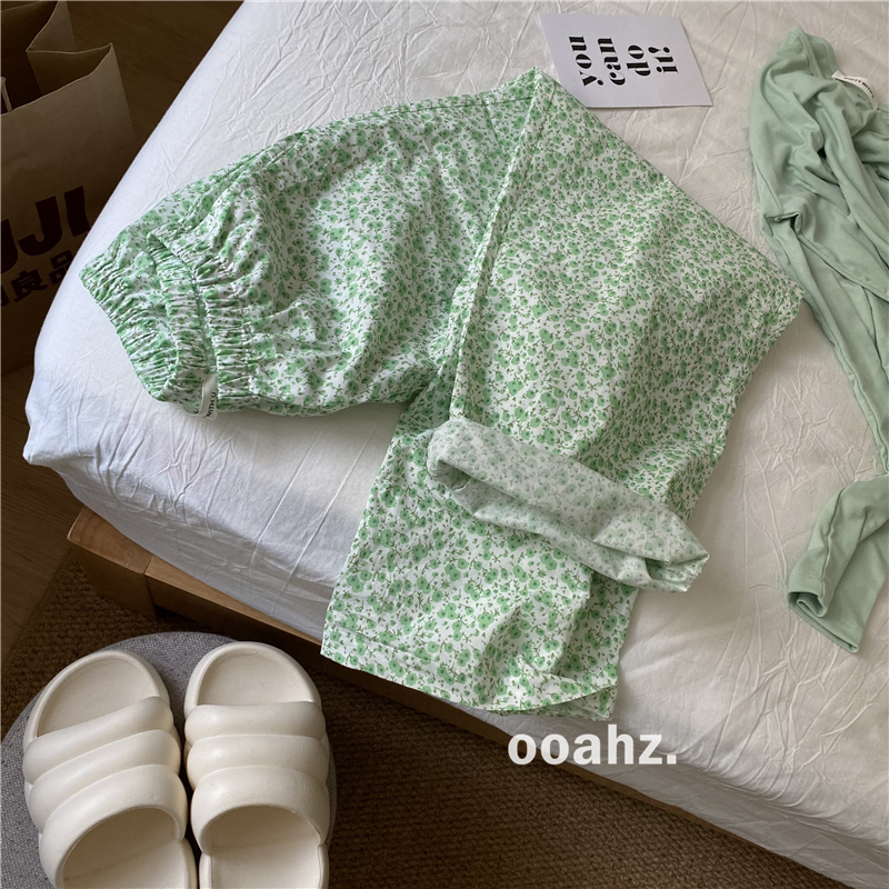 速发春色是薄荷味儿的】春夏梭织棉薄款花天家居服套装碎绿睡裤