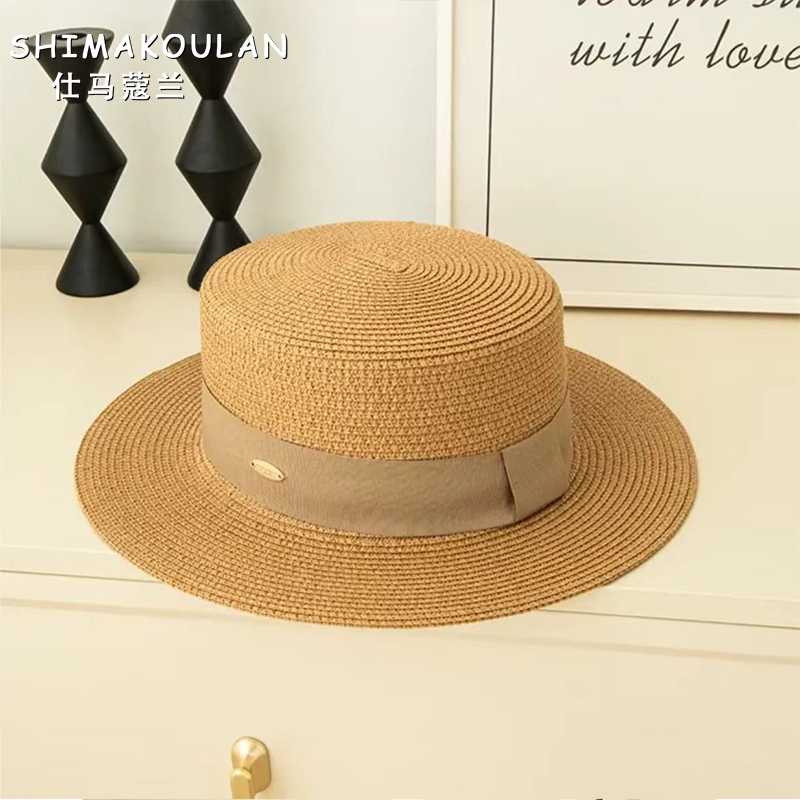 复古草编平顶帽女夏季2026新款遮阳防晒帽子韩版百搭气质帽子女款