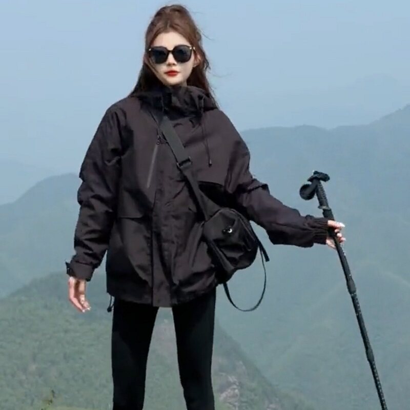 小个子棉服棉衣2024冬季新款宽松连帽工装外套黑色加棉冲锋衣女款
