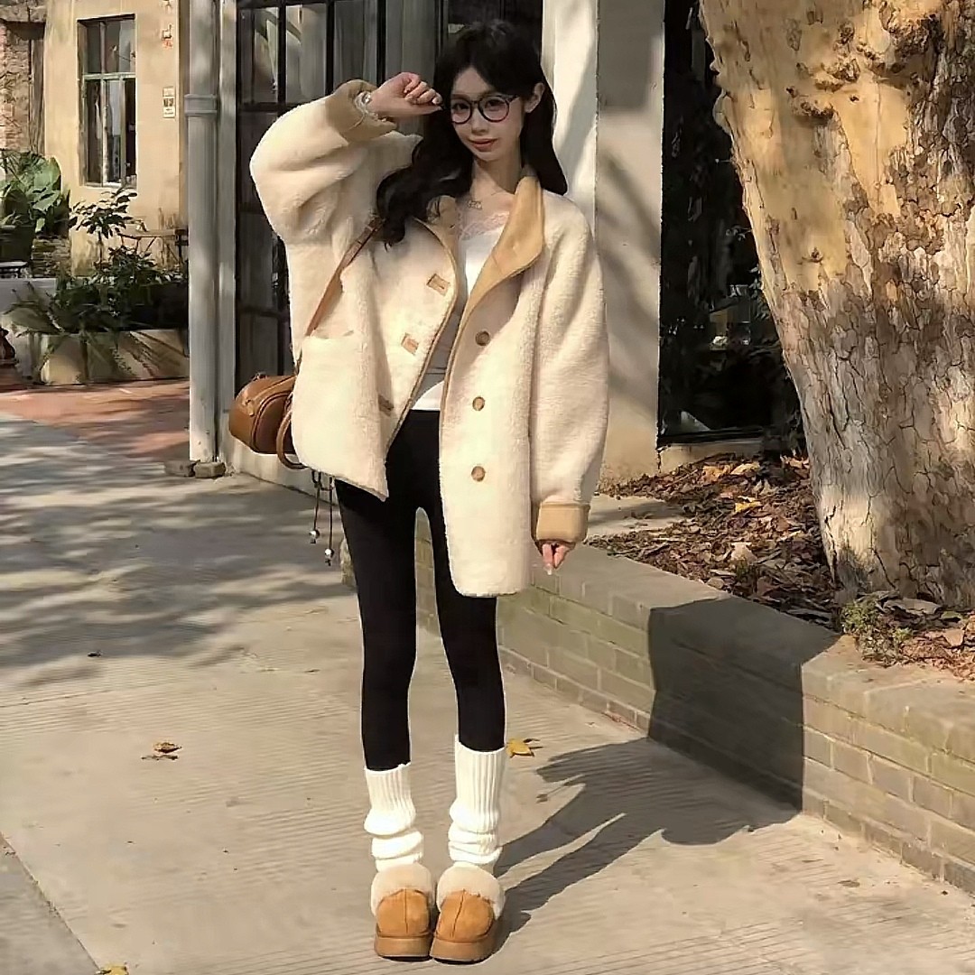 姹姿韩版复古羊羔毛拼接外套