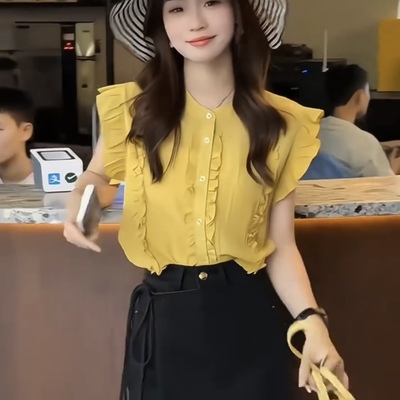 夏季短袖荷叶边衬衫女