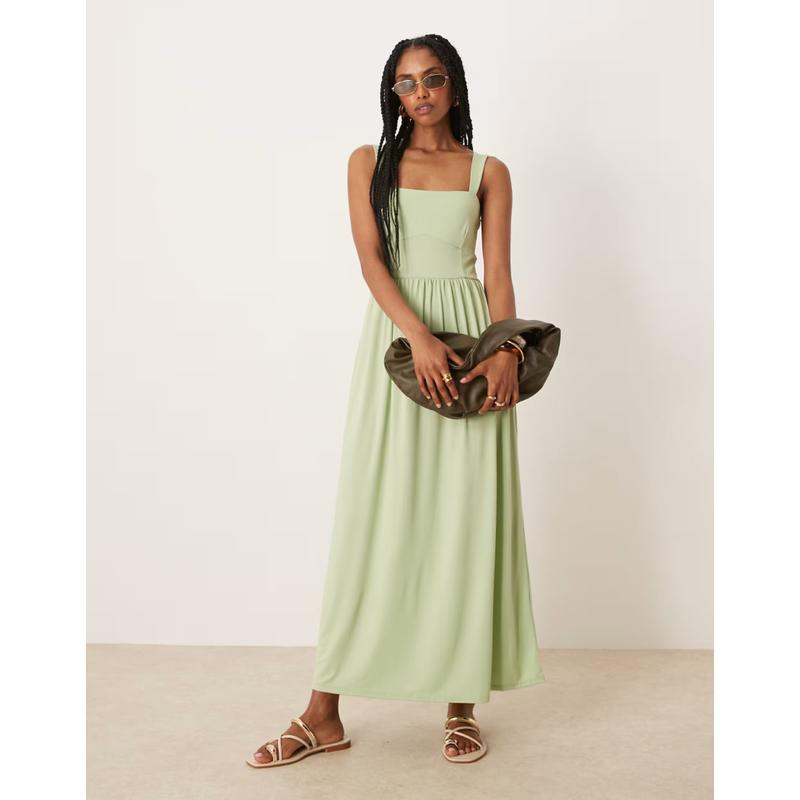 ASOS DESIGN 女士 中长连衣裙 设计方形领绿色中长连衣裙(sage)