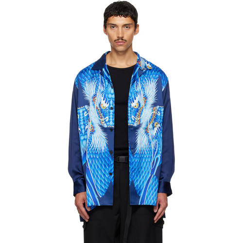 Y-3 男士 衬衫 海军蓝 Satin Graphic Dragon
