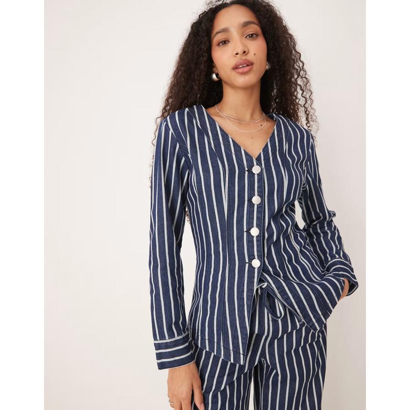 Glamorous 女士 上衣 V领长袖牛仔条纹衫(蓝色)