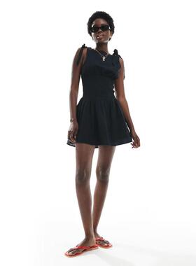 Cotton:on 女士 短款连衣裙 lola 棉质打结领肩迷你连衣裙(黑色)