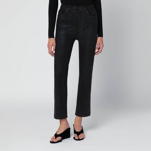 FRAME 女士 FW25 长裤 LE 黑色轧光斜纹棉布直筒裤子