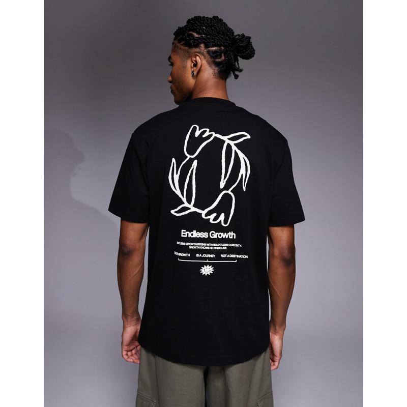 ASOS DESIGN 男士 T恤 and text 设计宽松花朵印花T恤(黑色)