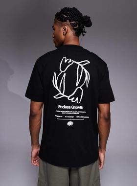 ASOS DESIGN 男士 T恤 and text 设计宽松花朵印花T恤(黑色)