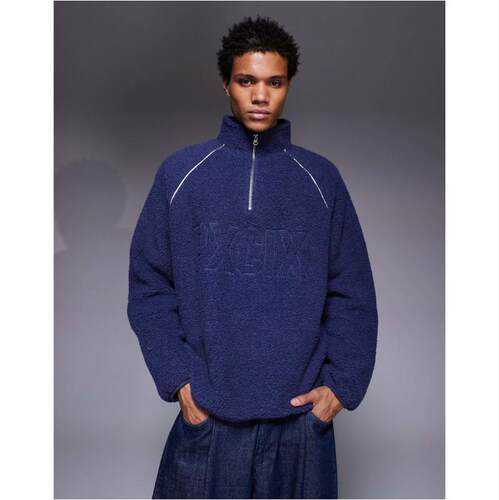 ASOS DESIGN 男士 卫衣 borg 漏斗领胸部印花运动衫(蓝色)