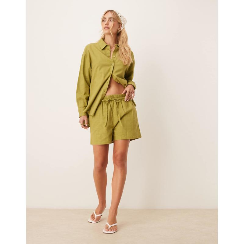 ASOS DESIGN 女士 短裤 look pull on co-ord 设计亚麻橄榄绿短裤
