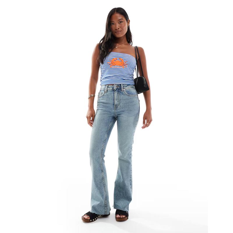 Miss Selfridge 女士 牛仔长裤 小号心形口袋水洗喇叭裤(dirty)