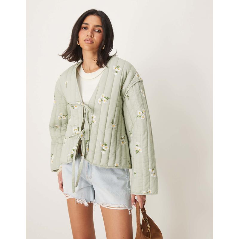 ASOS DESIGN 女士 夹克 设计前襟绑带绗缝刺绣夹克(sage)