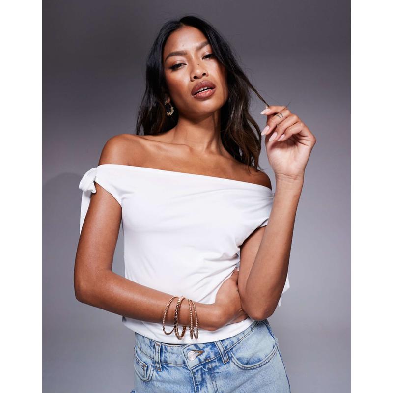 ASOS DESIGN 女士 T恤 设计紧身露肩蝴蝶结绑带细节米白色T恤