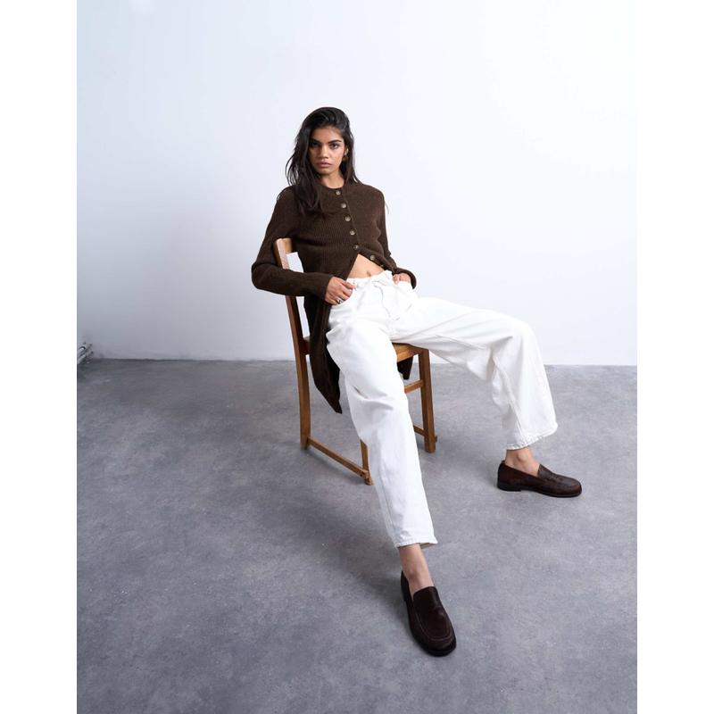 Topshop 女士 牛仔长裤 barrel 中腰束带牛仔裤(白色)