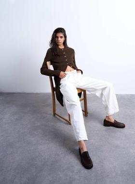 Topshop 女士 牛仔长裤 barrel 中腰束带牛仔裤(白色)