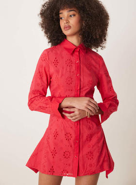 Ghospell 女士 短款连衣裙 刺绣迷你红色连衣裙