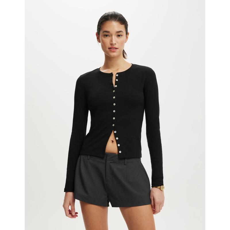 Cotton:on 女士 T恤 棉质贝利扣开襟T恤(黑色)