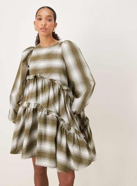 Ghospell 女士 短款连衣裙 aysmmetric 皱褶迷你绿色条纹连衣裙