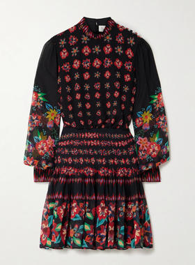 Saloni 女士 FW25 短款连衣裙 Isa 褶裥印花真丝双绉迷你连衣裙