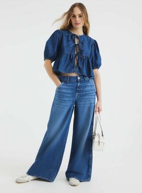 River Island 女士 上衣 “” 牛仔泡泡袖中长蓝色上衣