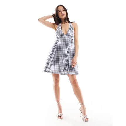 Hollister 女士 连衣裙 挂脖A字形格纹印花连衣裙(蓝色)