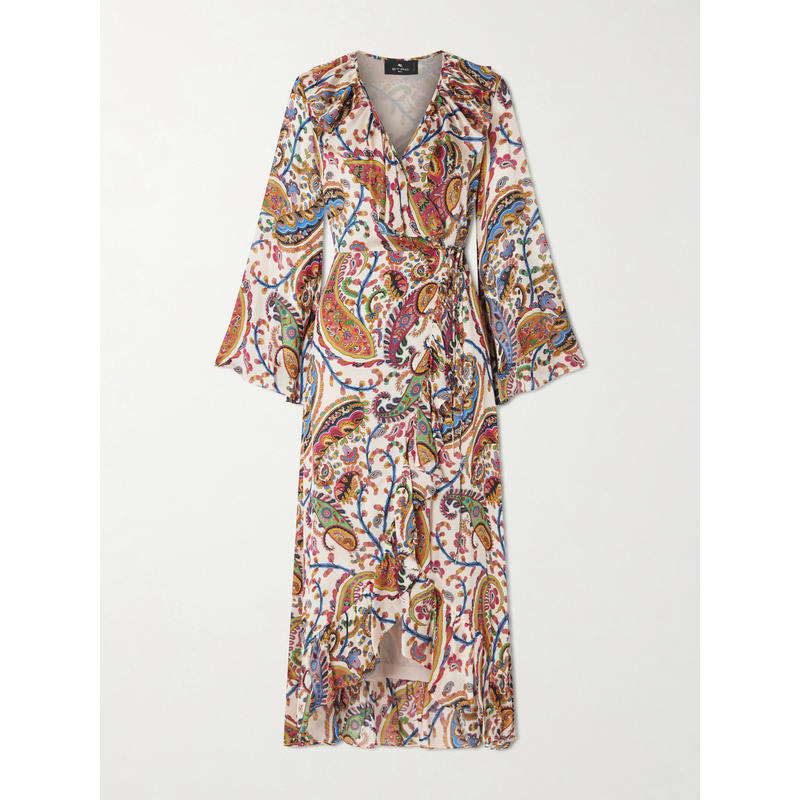 Etro 女士 中长连衣裙 不对称荷叶边佩斯利印花真丝缠绕式连衣裙