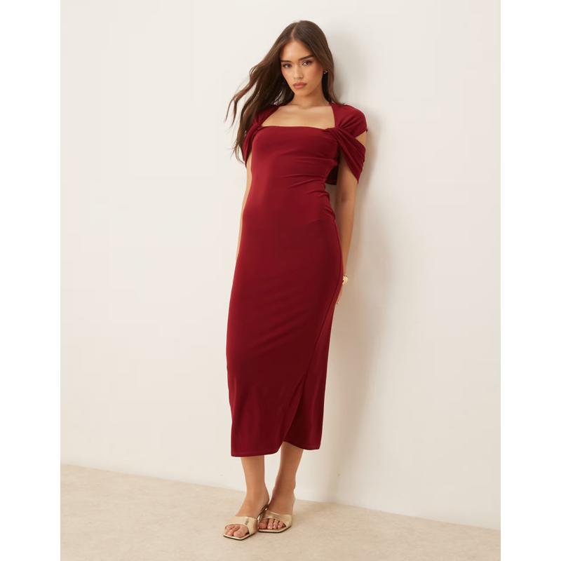 ASOS DESIGN 女士 中长连衣裙 设计扭纹肩酒红色中长连衣裙