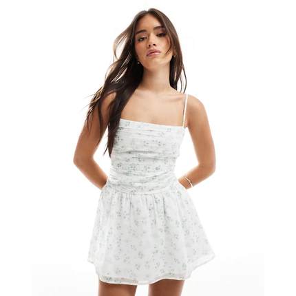 Hollister 女士 短款连衣裙 方形领低腰雪纺迷你连衣裙(白色)