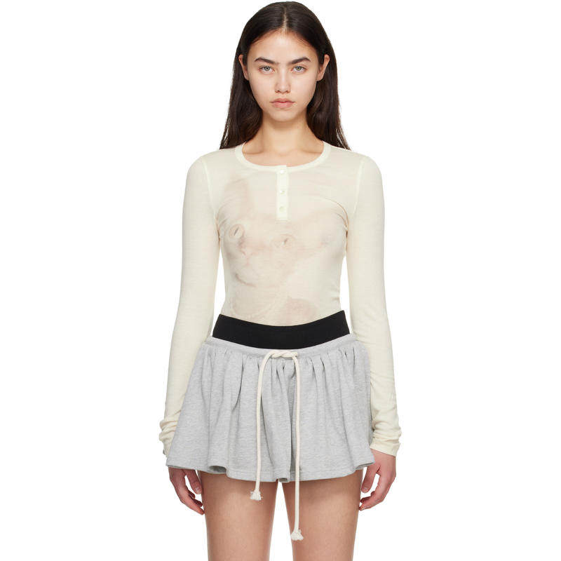 CPLUS Series 女士 T恤 灰白色 Kitten Print 亨利衫