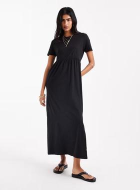 Threadbare 女士 中长连衣裙 磨绒短袖针织低腰中长连衣裙(黑色)