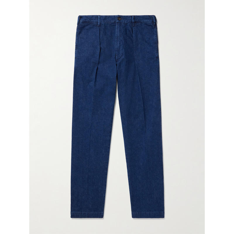 Drake's 男士 长裤 Mk. I Games 直筒褶裥靛蓝染色棉麻混纺裤子