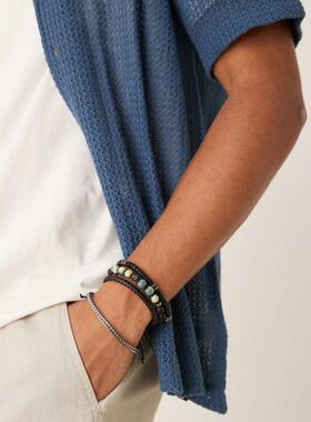 ASOS DESIGN 男士 手链 设计珠饰链条4件套手镯(黑色)