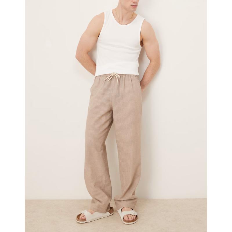 ASOS DESIGN 男士 长裤 pull 设计直筒白色条纹裤子(米黄色)