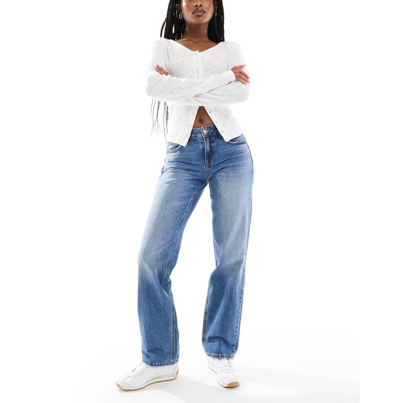 Stradivarius 女士 牛仔长裤 低腰束腰直筒中号水洗蓝色牛仔裤