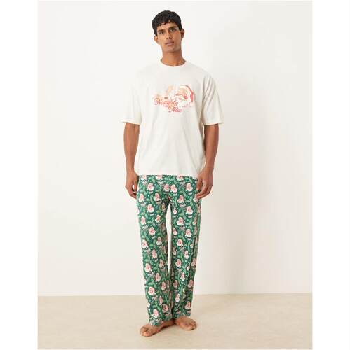 ASOS DESIGN 男士 睡衣 Christmas Santa 复古印花套装(蓝色)