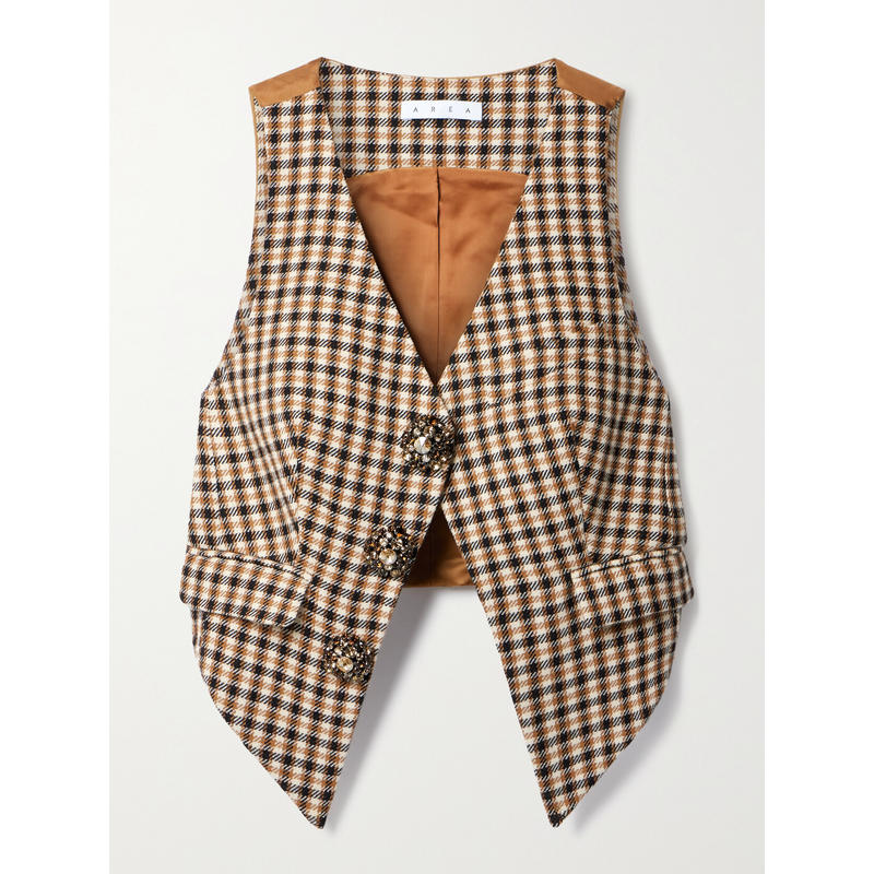 AREA 女士马甲 水晶装饰格纹羊毛棉混纺缎面斜纹布背心