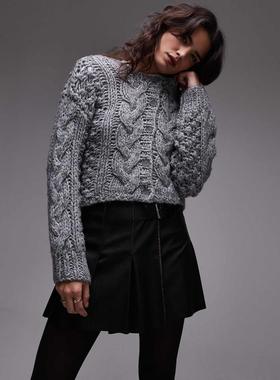 Topshop 女士 开衫 手织短款麻花扭纹针织开衫(灰色)