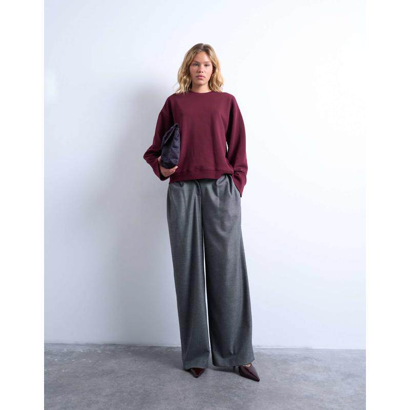Topshop 女士 卫衣 deep 简洁款宽松款翻边酒红色运动衫