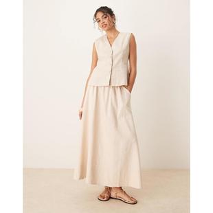 女士 birch 中长裙 亚麻全奶油色中长半身裙 touch YAS